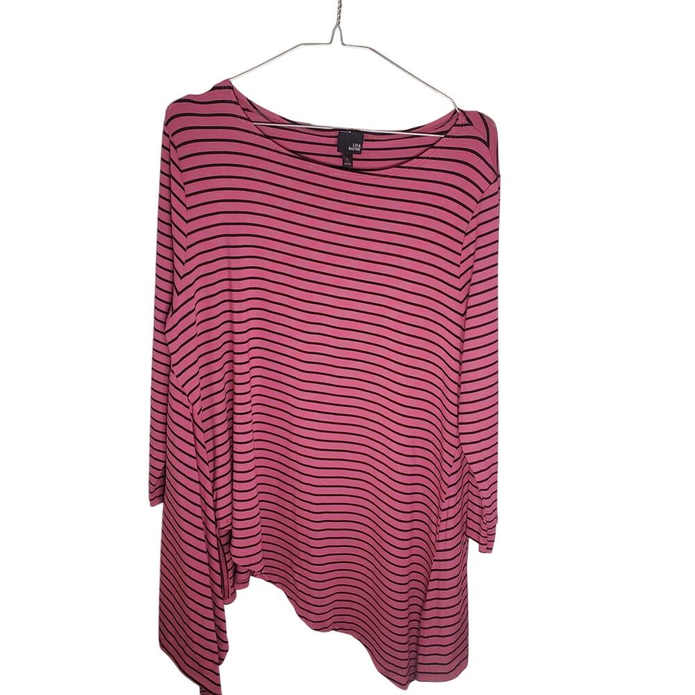 Lisa Bayne Petite L Pink Black Striped Asymmetrical Tunic Top Lagenlook USA